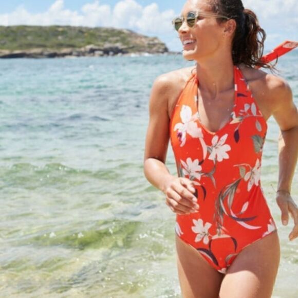 BEAUTIFUL ATHLETA MEDIUM WAIMEA ORANGE FLORAL HALTER STYLE ONE-PIECE SWIMSUIT - Picture 1 of 8